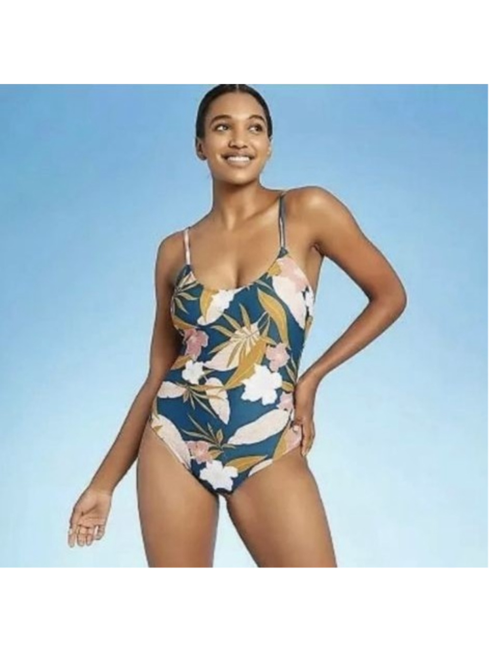 Women's Kona Sol One Piece Swimsuit M Blue Brown Floral Resort Wear Beach Vibes